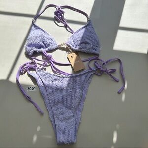 Samiol Large Purple Decorated Beaded Flower Bikini Set
